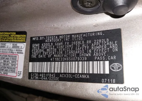 2005 Toyota Camry Le from USA, damaged, VIN 4T1BE32K65U079339